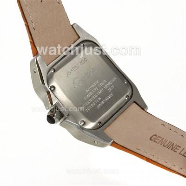 Cartier Santos 100 Diamond Bezel with White Dial-Orange Leather Strap