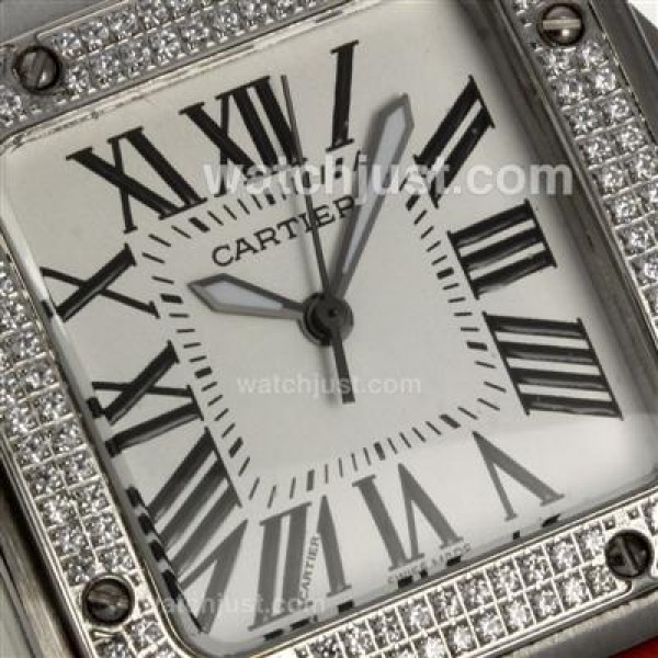 Cartier Santos 100 Diamond Bezel with White Dial-Orange Leather Strap