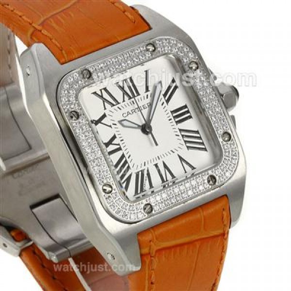 Cartier Santos 100 Diamond Bezel with White Dial-Orange Leather Strap