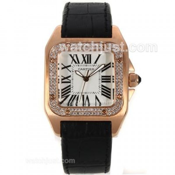 Cartier Santos 100 Rose Gold Case Diamond Bezel with White Dial-Leather Strap
