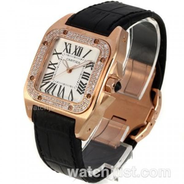 Cartier Santos 100 Rose Gold Case Diamond Bezel with White Dial-Leather Strap