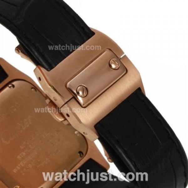 Cartier Santos 100 Rose Gold Case Diamond Bezel with White Dial-Leather Strap