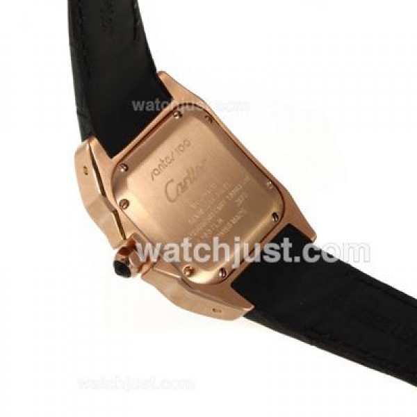 Cartier Santos 100 Rose Gold Case Diamond Bezel with White Dial-Leather Strap