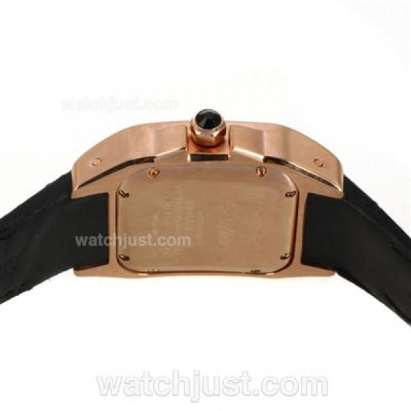 Cartier Santos 100 Rose Gold Case Diamond Bezel with White Dial-Leather Strap