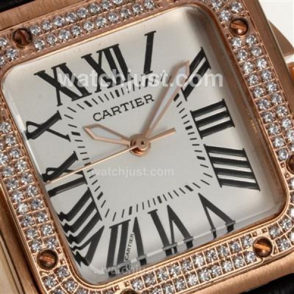 Cartier Santos 100 Rose Gold Case Diamond Bezel with White Dial-Leather Strap