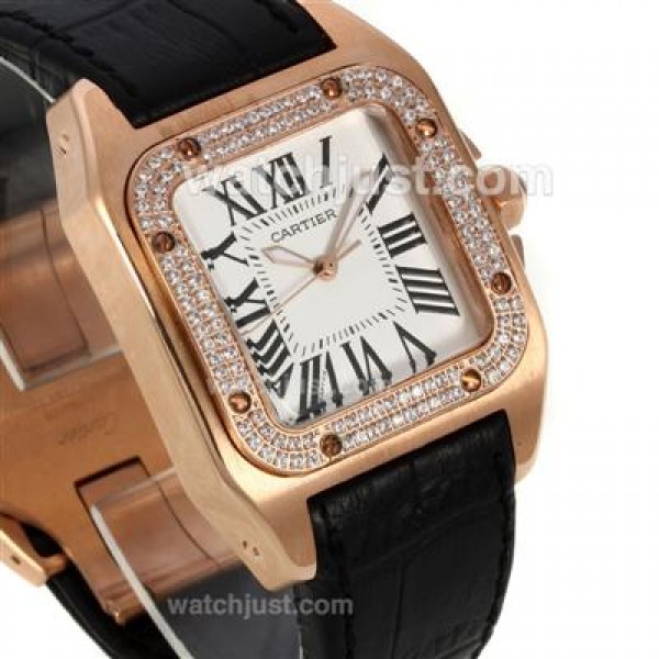 Cartier Santos 100 Rose Gold Case Diamond Bezel with White Dial-Leather Strap