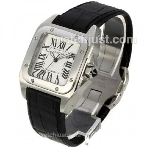 Cartier Santos 100 with White Dial-Black Leather Strap