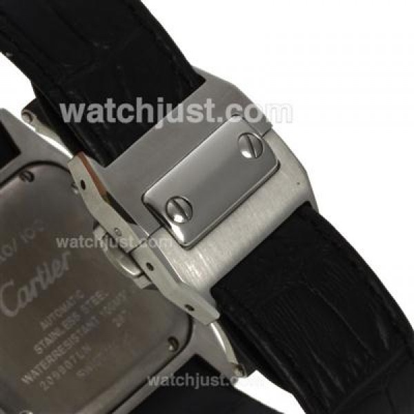 Cartier Santos 100 with White Dial-Black Leather Strap