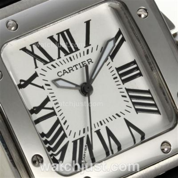 Cartier Santos 100 with White Dial-Black Leather Strap