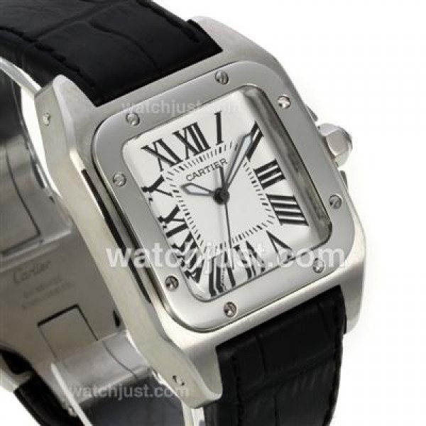 Cartier Santos 100 with White Dial-Black Leather Strap