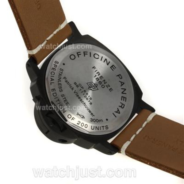 Panerai Luminor OP Logo Manual Winding PVD Case with Black Dial-Light Coffee Leather Strap-Same Chassis as ETA Version