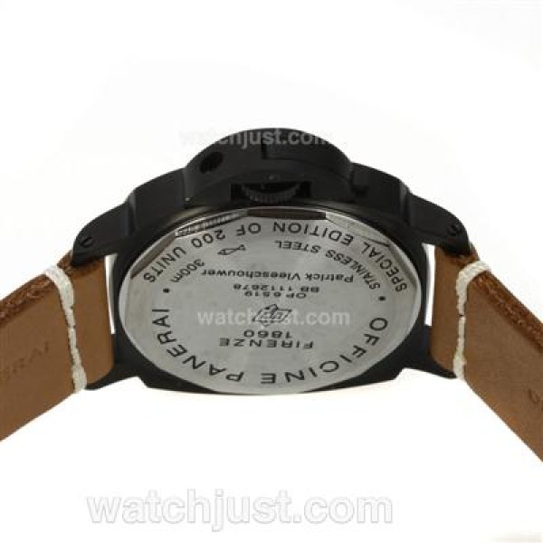 Panerai Luminor OP Logo Manual Winding PVD Case with Black Dial-Light Coffee Leather Strap-Same Chassis as ETA Version