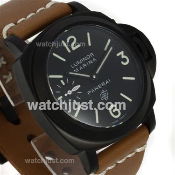 Panerai Luminor OP Logo Manual Winding PVD Case with Black Dial-Light Coffee Leather Strap-Same Chassis as ETA Version