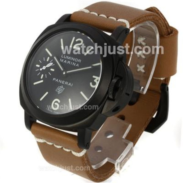 Panerai Luminor OP Logo Manual Winding PVD Case with Black Dial-Light Coffee Leather Strap-Same Chassis as ETA Version