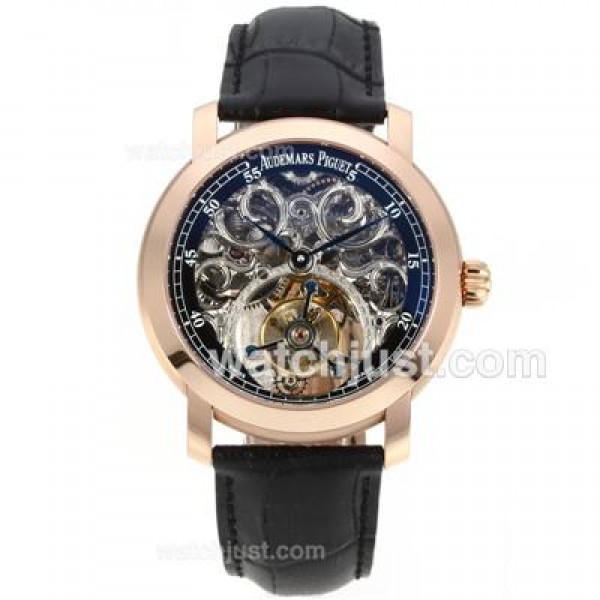 UK 1:1 Wholesale Replica Audemars Piguet Jules Audemars Skeleton Working Tourbillon Manual Winding Rose Gold Case with Black Dial-Leather Strap