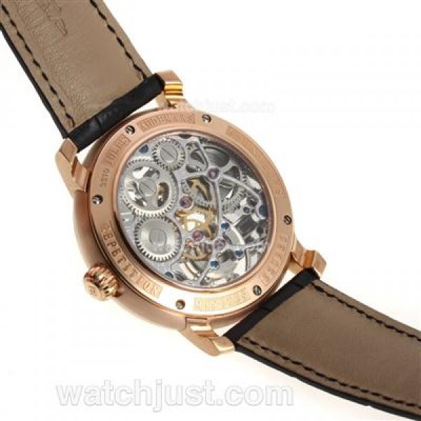 UK 1:1 Wholesale Replica Audemars Piguet Jules Audemars Skeleton Working Tourbillon Manual Winding Rose Gold Case with Black Dial-Leather Strap