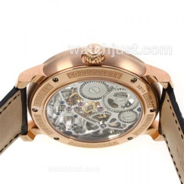 UK 1:1 Wholesale Replica Audemars Piguet Jules Audemars Skeleton Working Tourbillon Manual Winding Rose Gold Case with Black Dial-Leather Strap