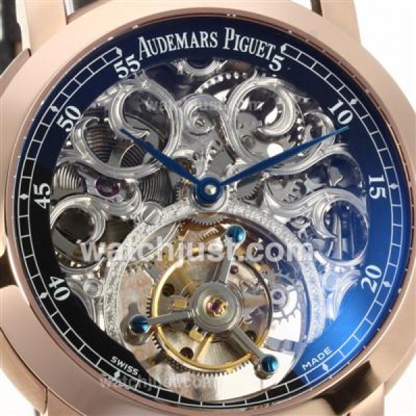UK 1:1 Wholesale Replica Audemars Piguet Jules Audemars Skeleton Working Tourbillon Manual Winding Rose Gold Case with Black Dial-Leather Strap