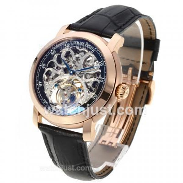 UK 1:1 Wholesale Replica Audemars Piguet Jules Audemars Skeleton Working Tourbillon Manual Winding Rose Gold Case with Black Dial-Leather Strap