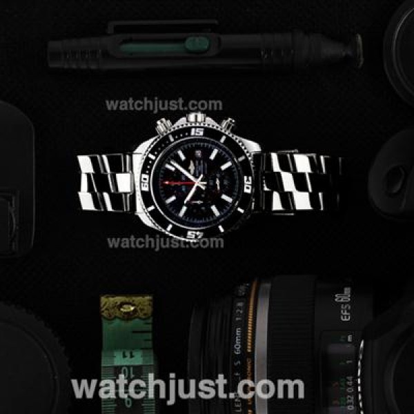 Breitling Super Ocean Working Chronograph Stick Markers Black Bezel Red Needles with Black Dial S/S(Gift Box is Included)