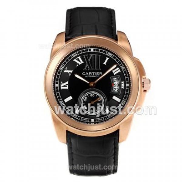 Cartier Calibre de Cartier Automatic Rose Gold Case with Black Dial-Leather Strap