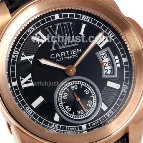 Cartier Calibre de Cartier Automatic Rose Gold Case with Black Dial-Leather Strap