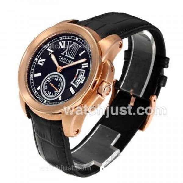 Cartier Calibre de Cartier Automatic Rose Gold Case with Black Dial-Leather Strap