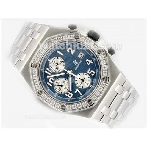 UK Perfect Replica Audemars Piguet Royal Oak Offshore Swiss Valjoux 7750 Movement Diamond Bezel with Blue Dial