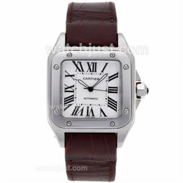 Cartier Santos 100 Automatic with White Dial-Brown Leather Strap