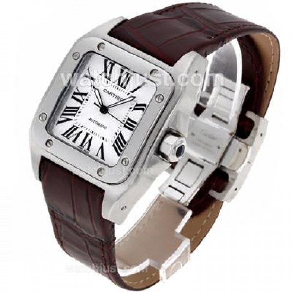 Cartier Santos 100 Automatic with White Dial-Brown Leather Strap