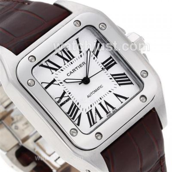 Cartier Santos 100 Automatic with White Dial-Brown Leather Strap