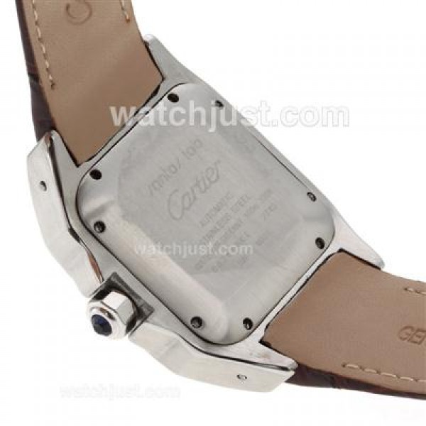 Cartier Santos 100 Automatic with White Dial-Brown Leather Strap
