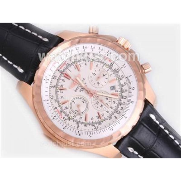 Breitling for Bentley Motors T Automatic Rose Gold Case with White Dial-Black Leather Strap