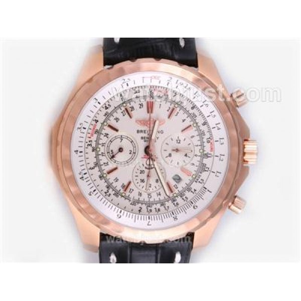 Breitling for Bentley Motors T Automatic Rose Gold Case with White Dial-Black Leather Strap
