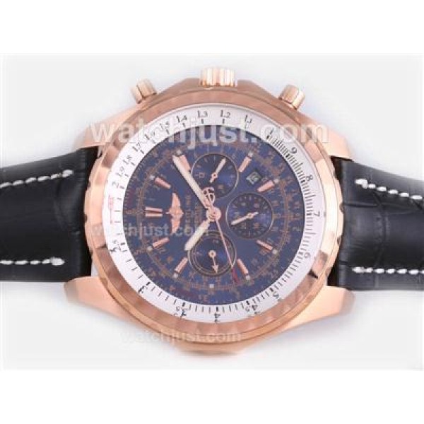 Breitling for Bentley Motors T Automatic Rose Gold Case with Blue Dial-Black Leather Strap