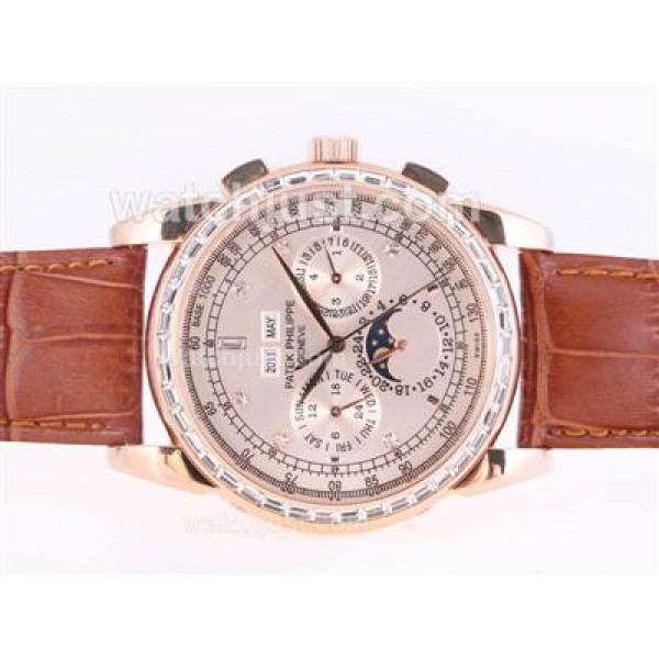Patek Philippe Perpetual Calendar Chrono Automatic Rose Gold Case CZ Diamond Bezel with Champagne Dial