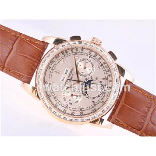 Patek Philippe Perpetual Calendar Chrono Automatic Rose Gold Case CZ Diamond Bezel with Champagne Dial