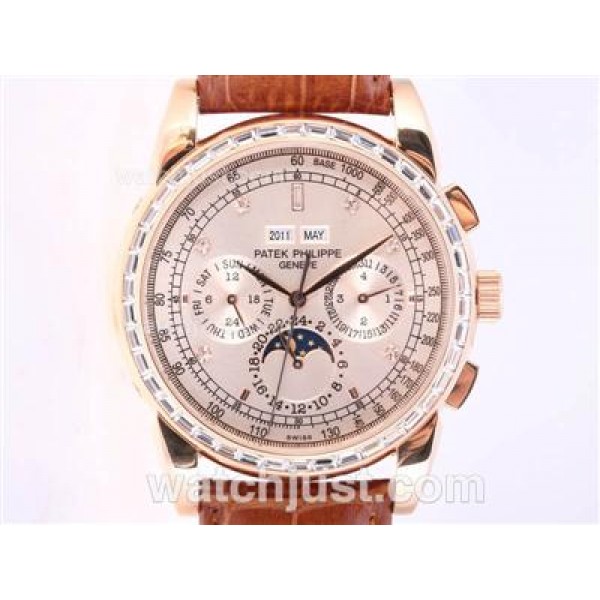 Patek Philippe Perpetual Calendar Chrono Automatic Rose Gold Case CZ Diamond Bezel with Champagne Dial