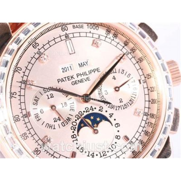 Patek Philippe Perpetual Calendar Chrono Automatic Rose Gold Case CZ Diamond Bezel with Champagne Dial