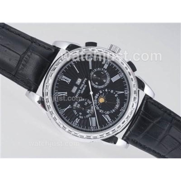 Patek Philippe Perpetual Calendar Automatic CZ Diamond Bezel with Black Dial