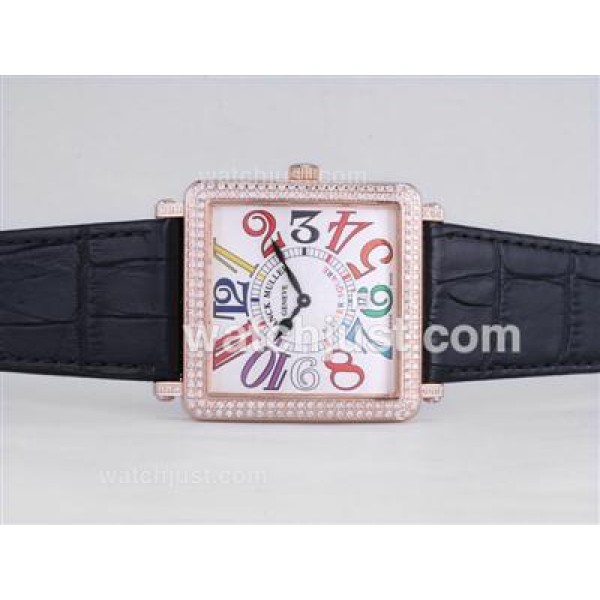 Franck Muller Master Square Rose Gold Case Diamond Bezel with White Dial-Colorful Number Marking-42MM