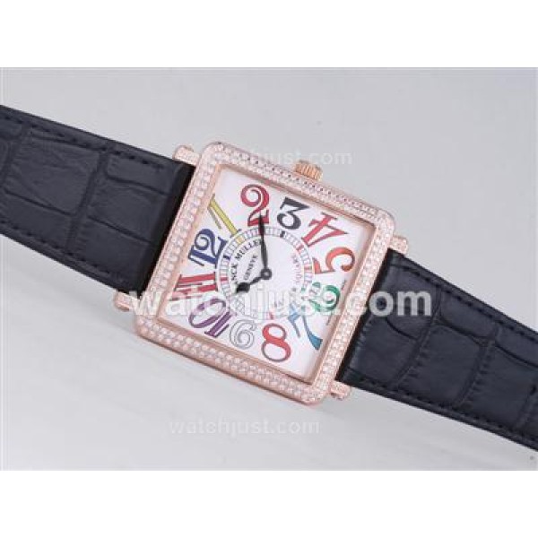 Franck Muller Master Square Rose Gold Case Diamond Bezel with White Dial-Colorful Number Marking-42MM