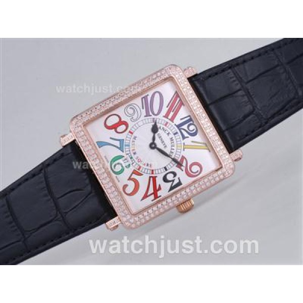 Franck Muller Master Square Rose Gold Case Diamond Bezel with White Dial-Colorful Number Marking-42MM