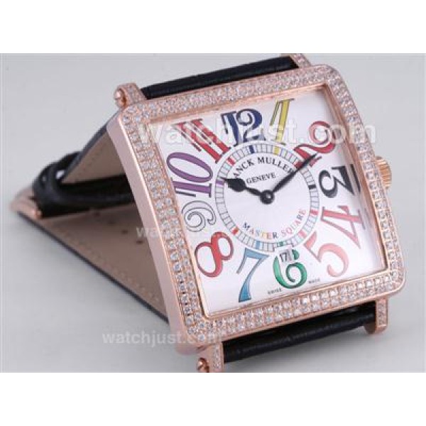 Franck Muller Master Square Rose Gold Case Diamond Bezel with White Dial-Colorful Number Marking-42MM