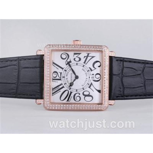 Franck Muller Master Square Rose Gold Case Diamond Bezel with White Dial-Number Marking-42MM