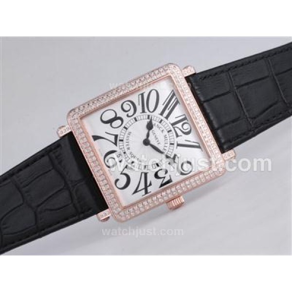 Franck Muller Master Square Rose Gold Case Diamond Bezel with White Dial-Number Marking-42MM