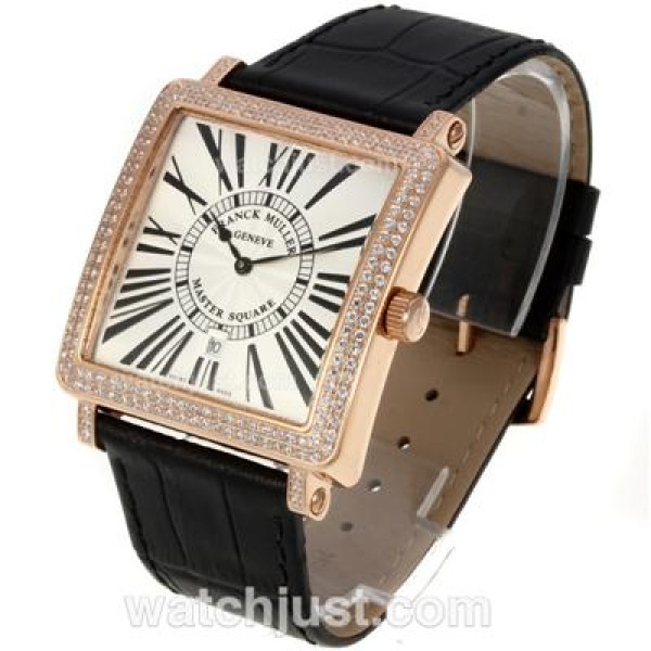 Franck Muller Master Square Rose Gold Case Diamond Bezel with White Dial-Roman Marking-42MM