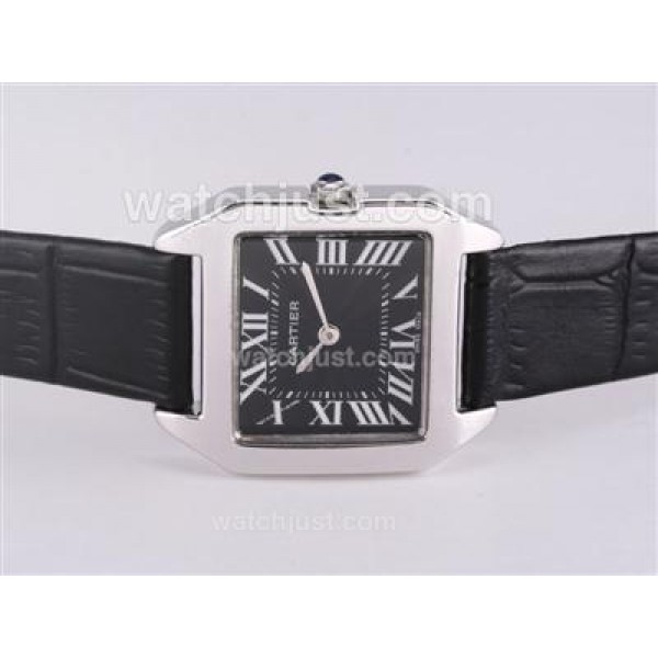 Cartier Santos Dumont With Black Dial-Leather Strap