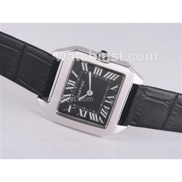 Cartier Santos Dumont With Black Dial-Leather Strap