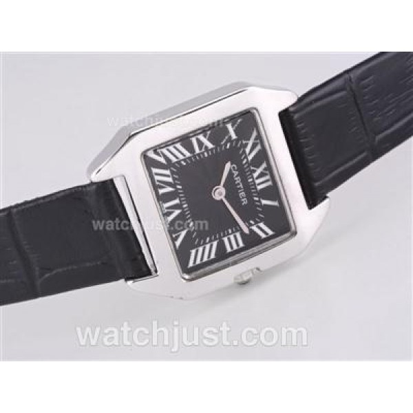 Cartier Santos Dumont With Black Dial-Leather Strap